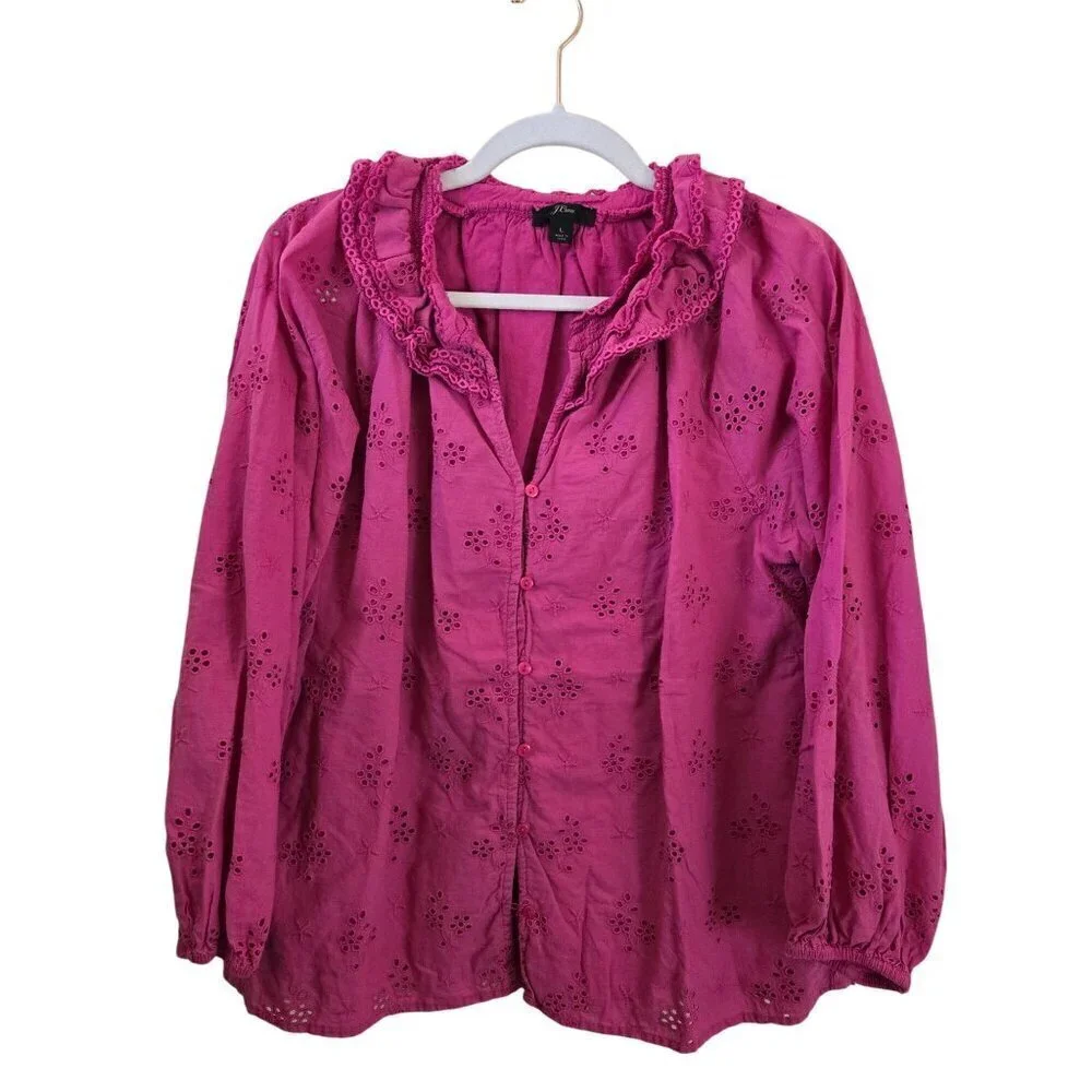 J. Crew Pink Eyelet Ruffled Collar Balloon Sleeve Peasant Blouse Size L
